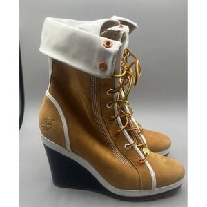 Timberland Size 8 Amston Wheat Nubuck Wedge Tan Brown Lace-up Y2K Tall Boots